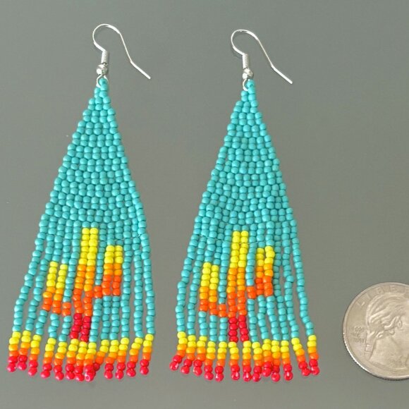 Colorful Teal Southwestern Cactus Cacti Hand Beaded Dangle Tassel Earrings New - Picture 3 of 3